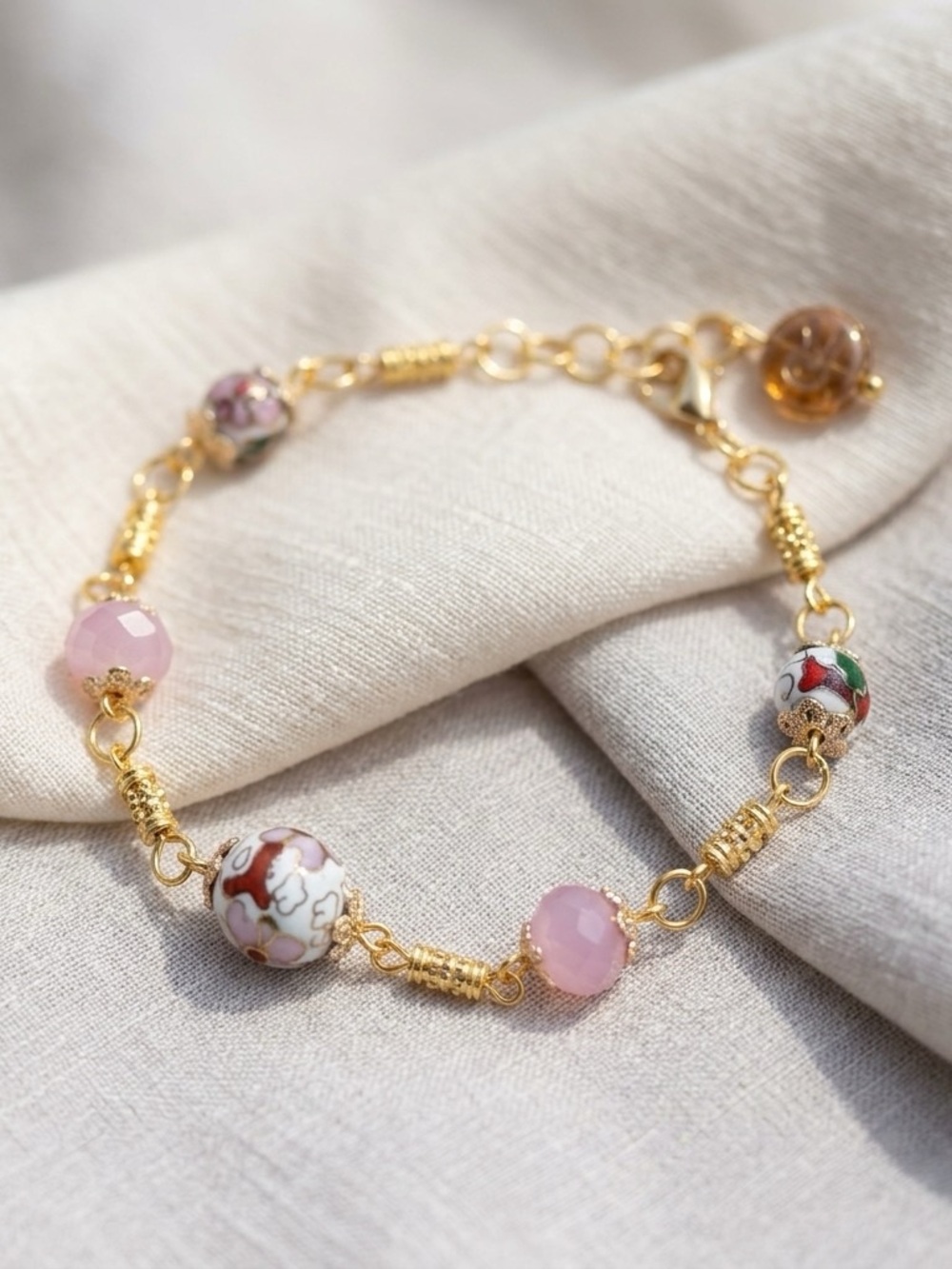 Handcrafted White Cloissone and Pink Crystal Necklace, Earrings and Bracelet Set - Picture 5 of 5